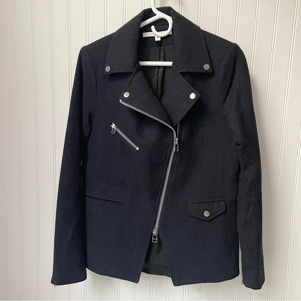 Veronica Beard Wool Hadley Biker Dickey Jacket Navy Pinstripe Size 8